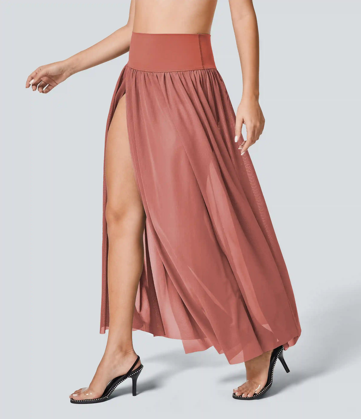 High Waisted 2-in-1 Mesh Flowy Maxi Casual Skirt