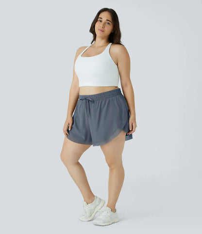 Drawstring Contrast Mesh 2-in-1 Plus Size Shorts 4"