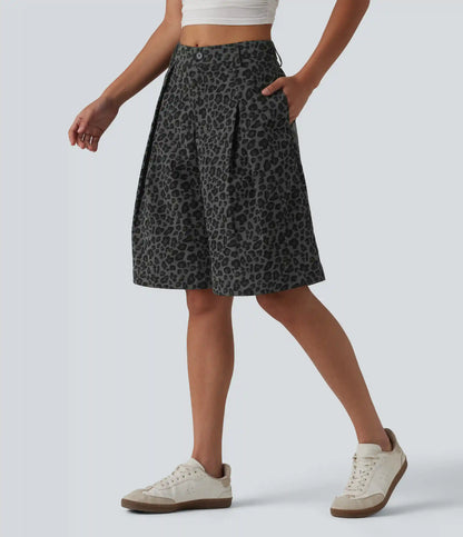 Mid Rise Leopard Print Casual Baggy Bermuda Shorts 10'' with Pockets