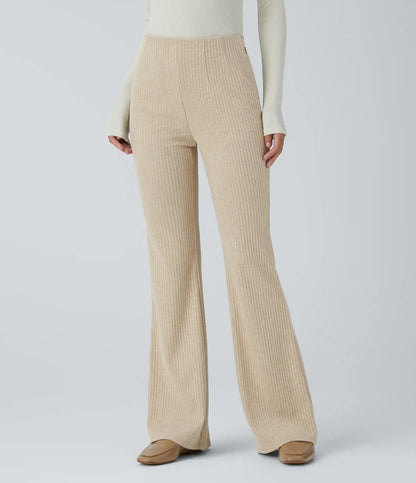 Ribbed Knit High Waisted Side Zipper Pockets Casual Flare Pants