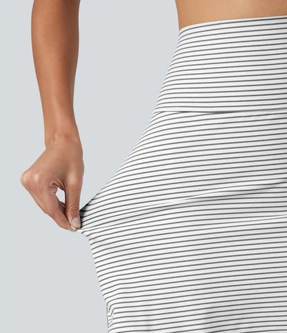 Ultra High-Waist Tummy Control Curved Hem 2-in-1 Stripes Golf Mini Skirt with Pockets
