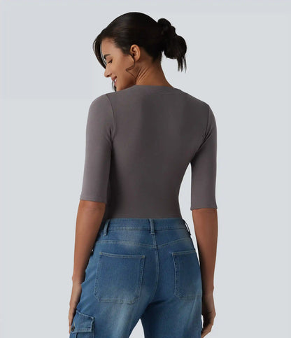 Ribbed Knit V Neck Half Sleeve Casual T-Shirt