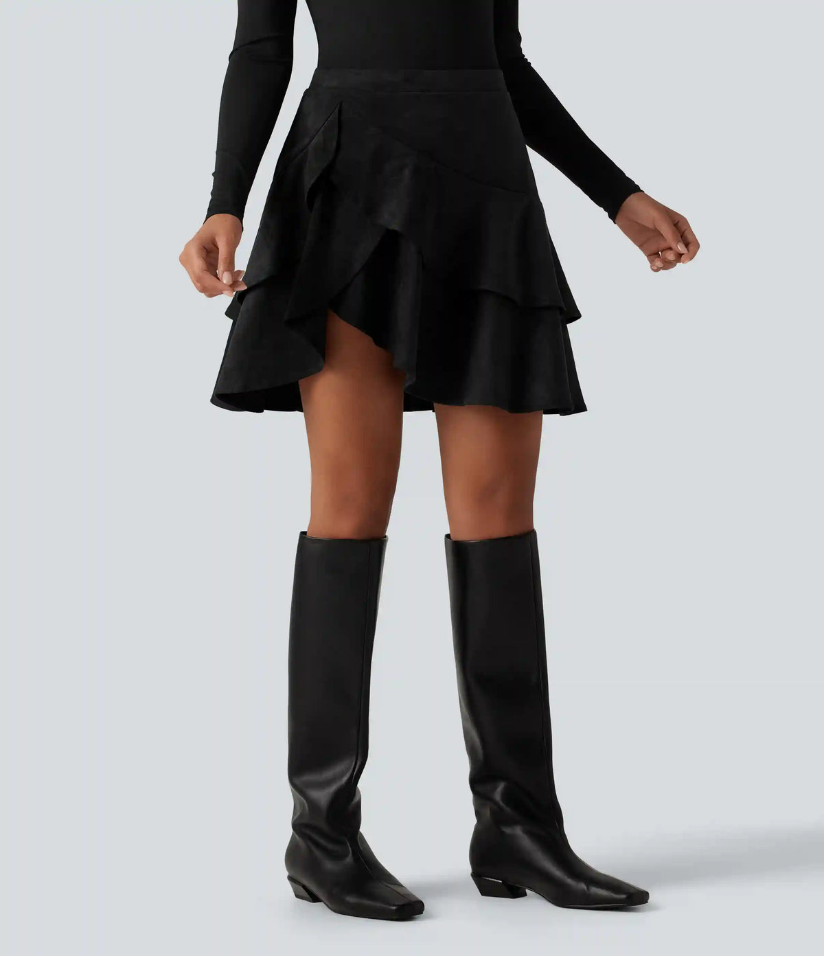 High Waisted Tiered Ruffle Hem 2-in-1 Longer Mini Suede Casual Skirt with Pocket