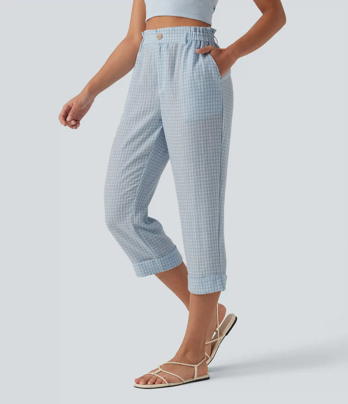High Waisted Cropped Plaid Casual Linen-Feel Pants with Pockets