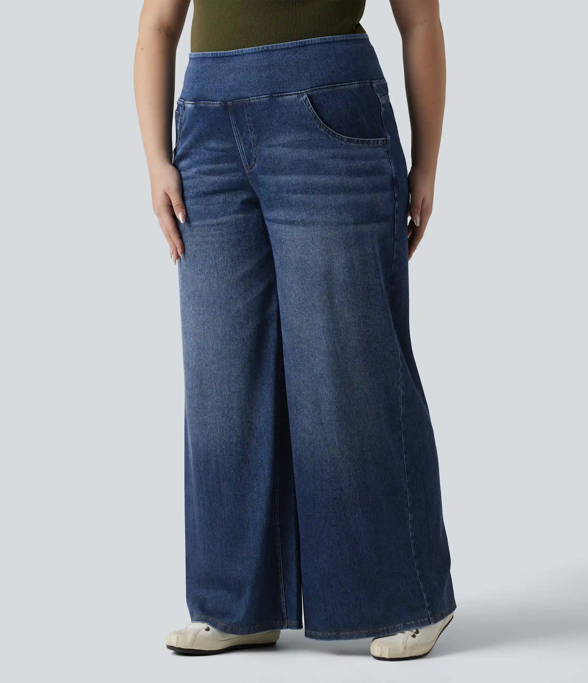Plus Size Halara Flex™ Mid Rise Draped Lyocell Washed Baggy Casual Jeans with Pockets