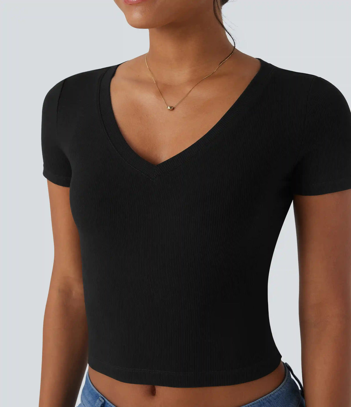 Ribbed Knit V Neck Short Sleeve Cropped Work T-Shirt