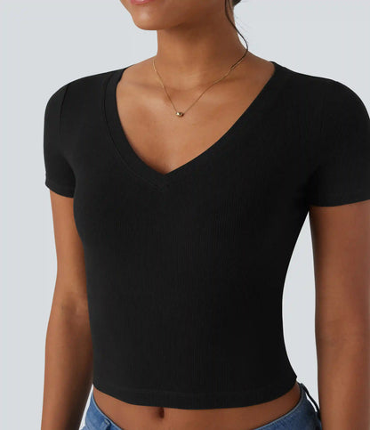 Ribbed Knit V Neck Short Sleeve Cropped Work T-Shirt