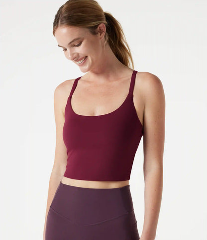 Scoop Neck Built-in Bra Crossover Hem Cropped Yoga Cami Top