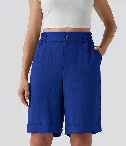 High Waisted Rolled Hem Linen-Feel Resort Bermuda Shorts 10'' with Pockets