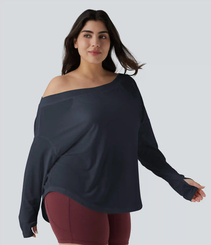 One Shoulder Long Sleeve Thumb Hole Curved Hem High Low Quick Dry Yoga Plus Size Sports Top-Built-in Bra