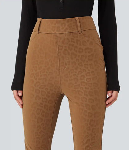 High Waisted Stretchy PU Leopard Print Fleece Casual Leggings with Pockets