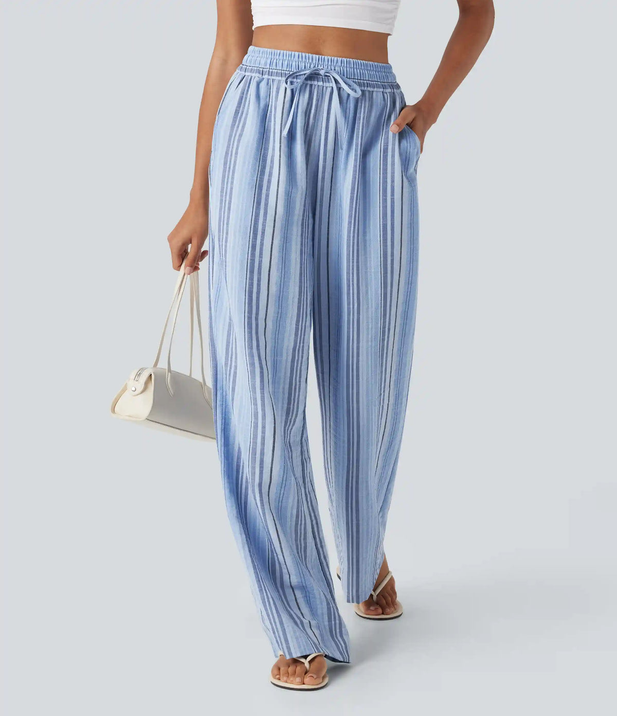 High Waisted Drawstring Wide Leg Baggy Stripe Casual Linen-Feel Pants with Pockets