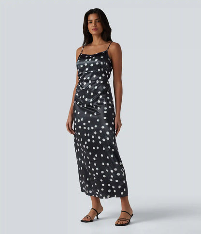Invisible Zipper Ruched Tie-back Polka Dot Satin Maxi Bridesmaid And Wedding Guest Slip Dress