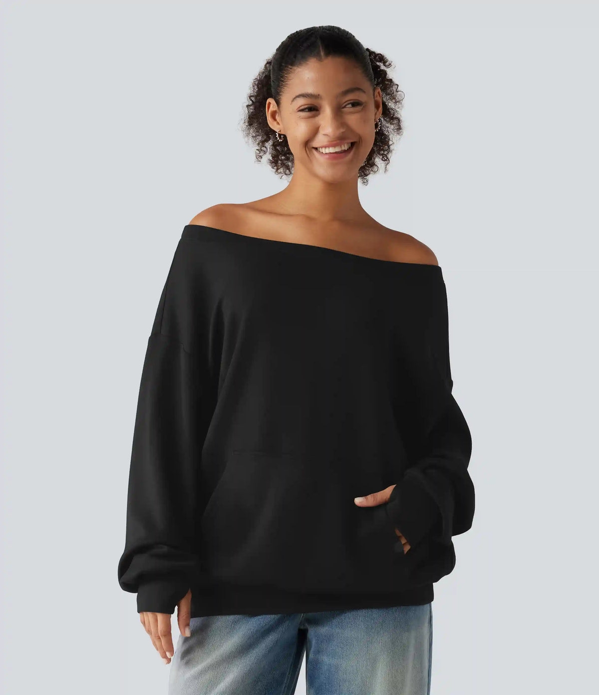 One Shoulder Long Sleeve Pullover Casual Sweatshirt with Pocket and Thumbholes