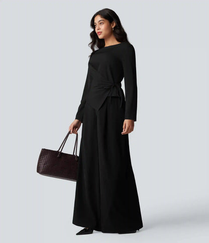 Wrinkle Recovery Boat Neck Long Sleeve Ruched Tie Work Blouse