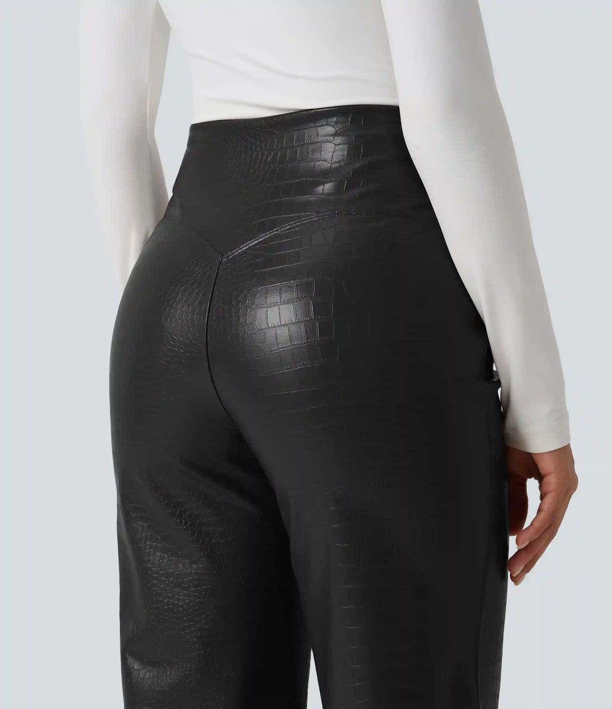 High Waisted Tummy Control Snakeskin Print Stretchy PU Fleece Flare Casual Pants with Pockets
