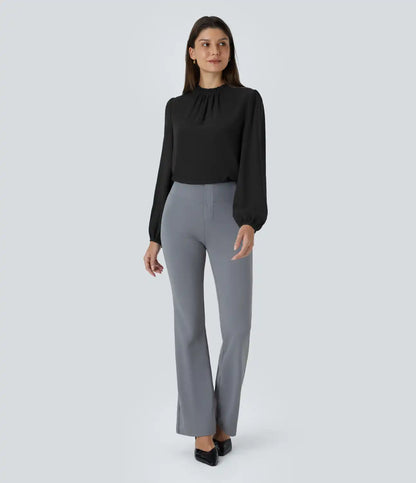 Frill Round Neck Keyhole Back Long Sleeve Work Blouse