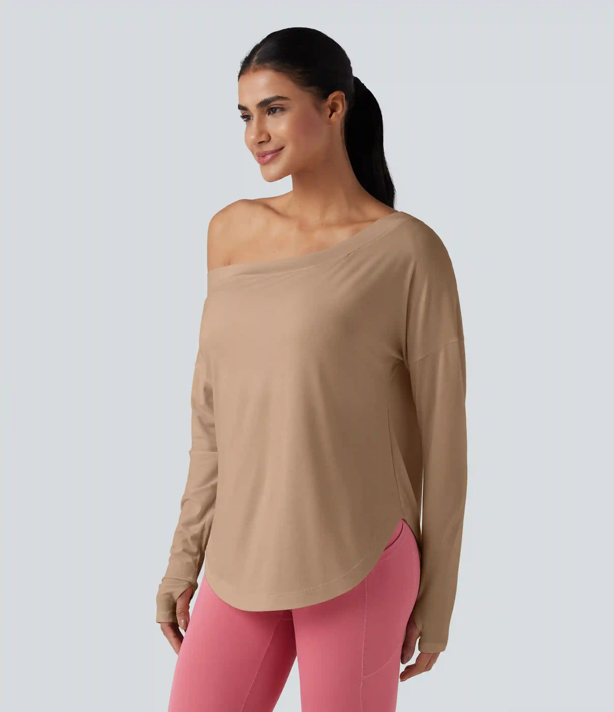 One Shoulder Long Sleeve Thumb Hole Curved Hem High Low Quick Dry Yoga Sports Top-Built-in Bra