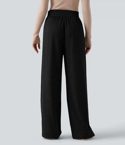 High Waisted Lettuce Trim Quick Dry Heathered Casual Wide Leg Sweatpants with Pockets-UPF40+