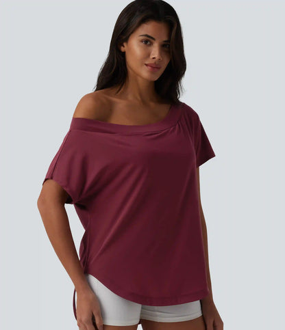 One Shoulder Short Sleeve Curved Hem High Low Quick Dry Yoga Sports Top-Built-in Bra