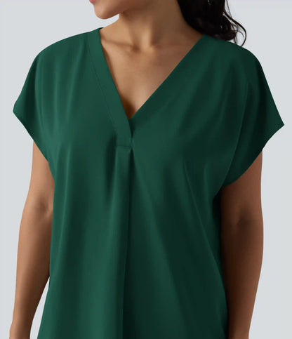 Wrinkle Recovery V-neck Short Sleeve Oversized Work Blouse