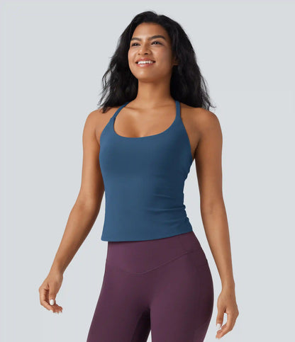 Scoop Neck Crisscross Back Crossover Hem Yoga Cami Top