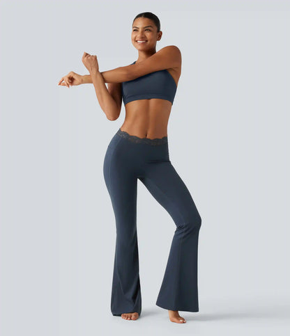 Halara UltraSculpt™ Mid Rise Contrast Lace Ruched Flare Yoga Leggings with Pockets