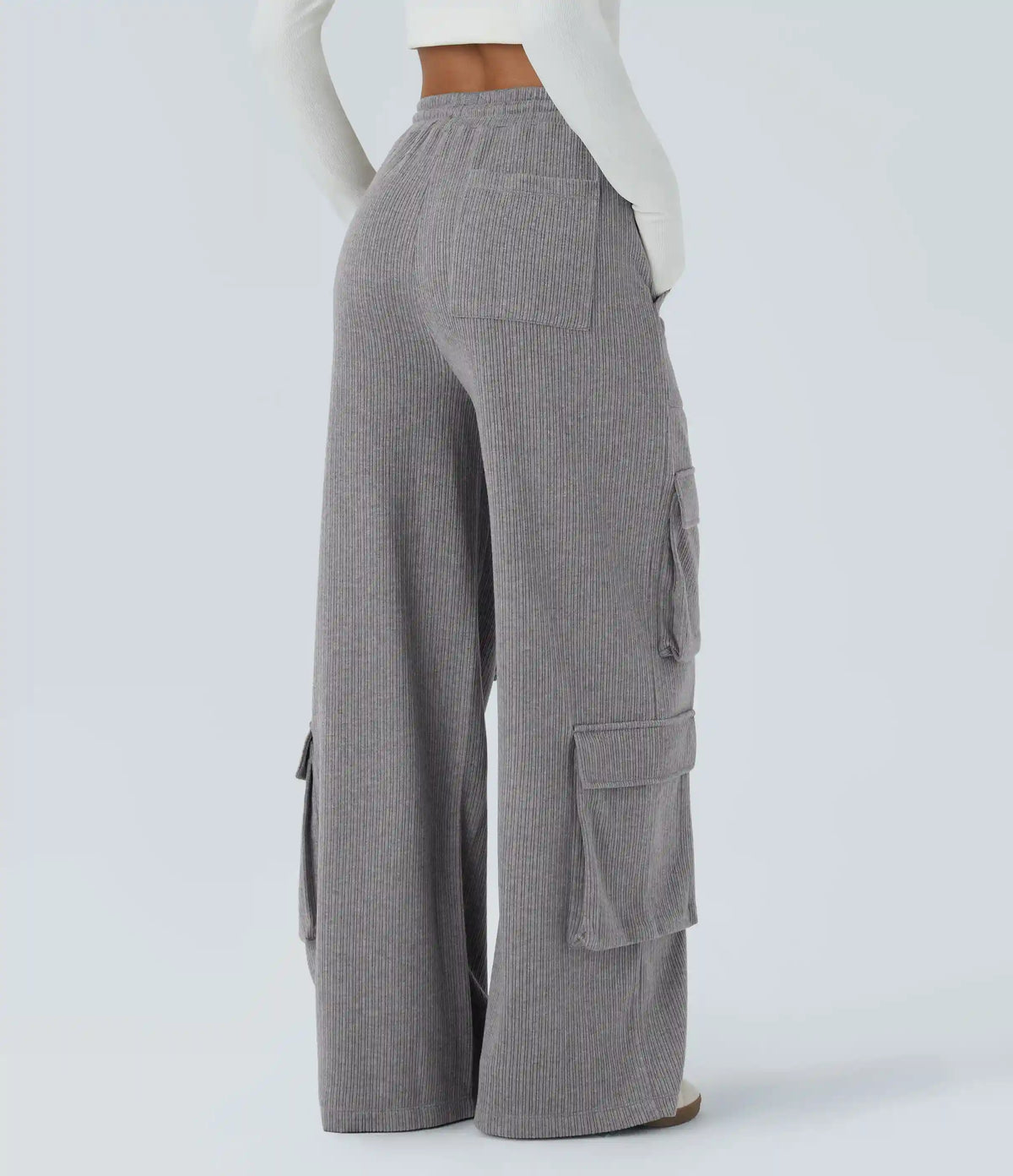 Ribbed Mid Rise Drawstring Pockets Wide Leg Cargo Casual Pants