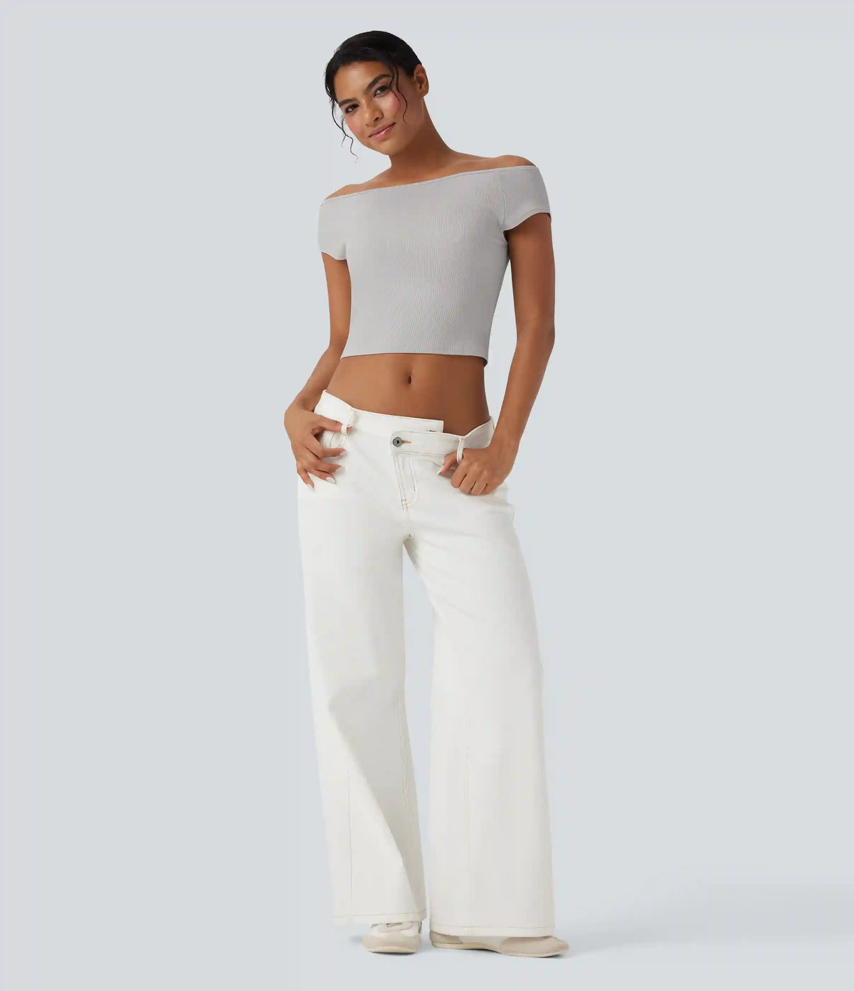 Ribbed Knit Boat Neck Short Sleeve Cropped Casual Top