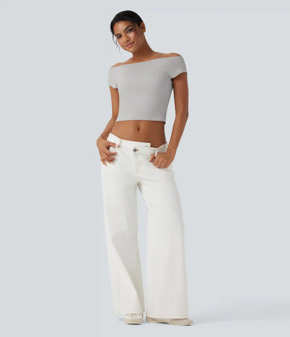 Ribbed Knit Boat Neck Short Sleeve Cropped Casual Top
