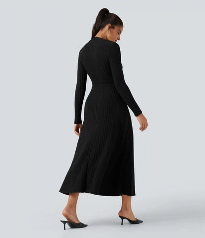 Ribbed Knit Long Sleeve Midi Casual Dress with Pockets