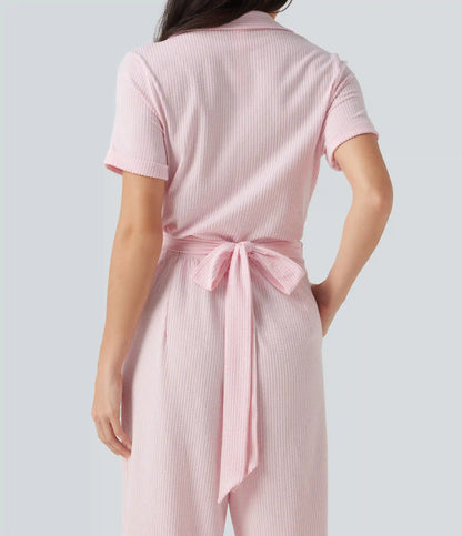 Short Sleeve Wrapped Tie Back Stripe Crinkle Cotton Casual Shirt Jumpsuit with Pockets-Easy Peezy Edition