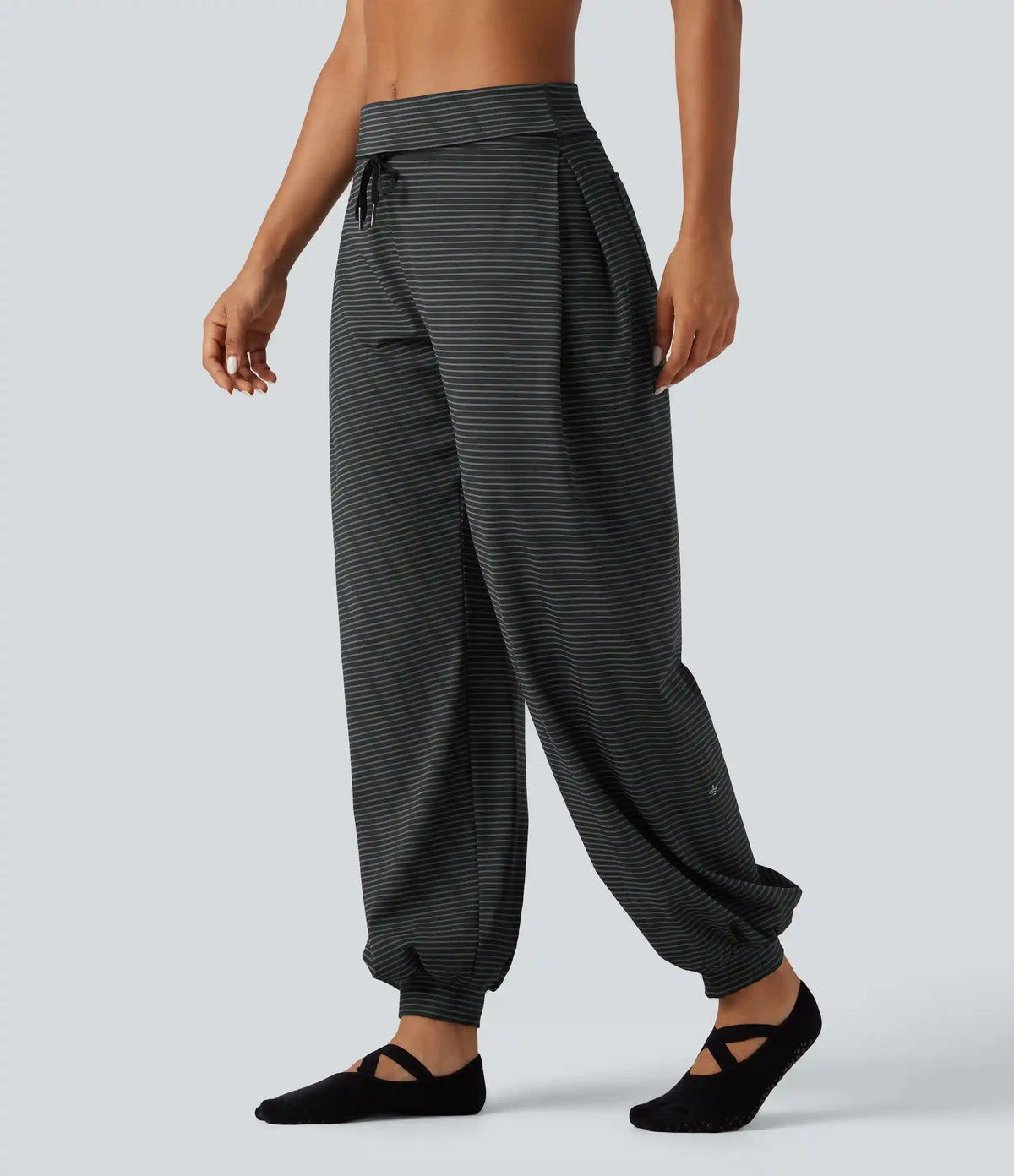 Mid Rise Foldover Drawstring Stripe Yoga Jogger with Pockets