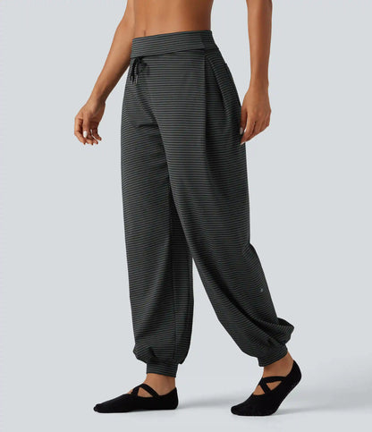 Mid Rise Foldover Drawstring Stripe Yoga Jogger with Pockets