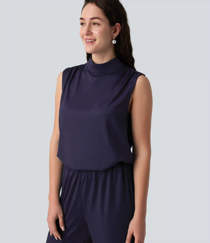 Stand Collar Sleeveless Straight Leg Bridesmaid And Wedding Guest Jumpsuit with Pockets-Easy Peezy