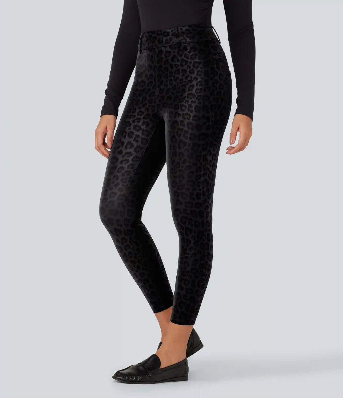 High Waisted Stretchy PU Leopard Print Fleece Casual Leggings with Pockets