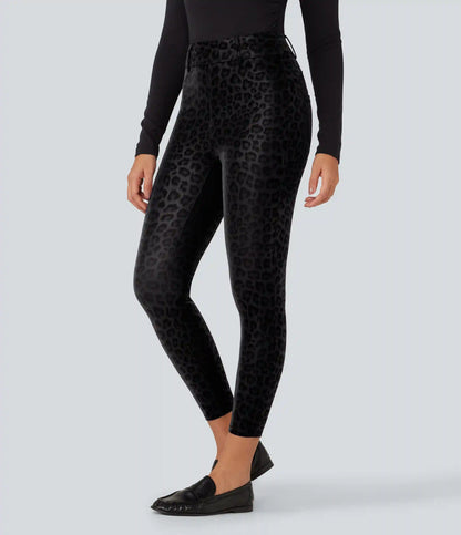 High Waisted Stretchy PU Leopard Print Fleece Casual Leggings with Pockets