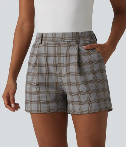 High Waisted Straight Leg Plaid Work Shorts with Pockets
