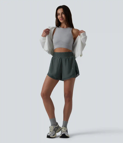 High Waisted Contrast Mesh 2-in-1 Running Shorts with Pockets