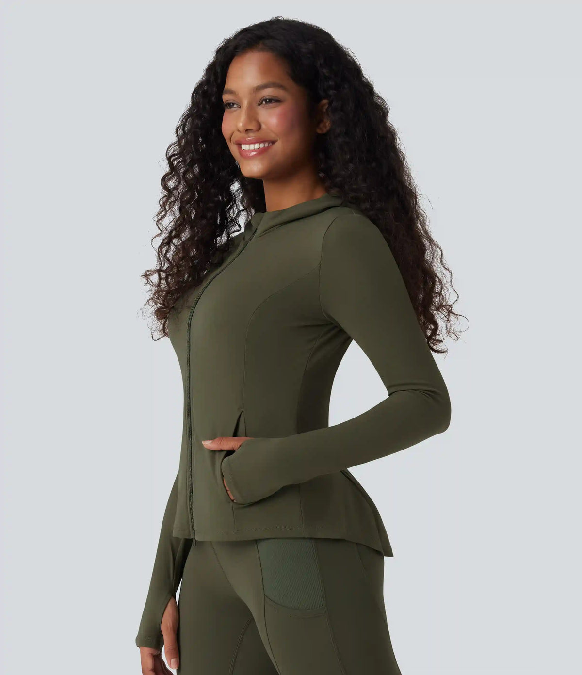 SoftlyZero™ Hooded Long Sleeve Thumb Hole Pleated Jacket with Pockets