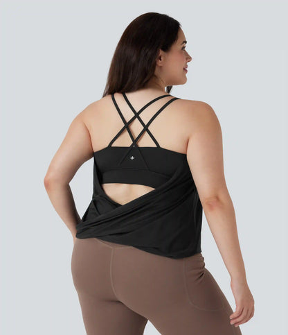Plus Size Crisscross Backless Pleated Quick Dry Yoga Cami Top