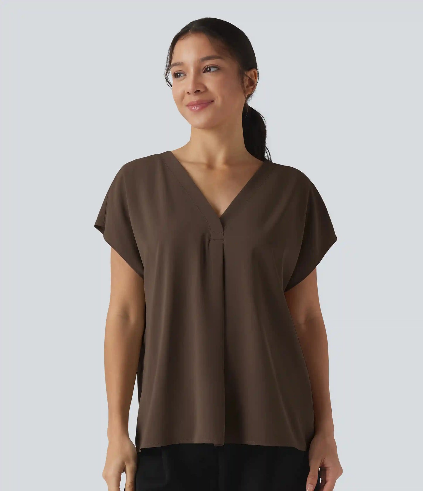 Wrinkle Recovery V-neck Short Sleeve Oversized Work Blouse