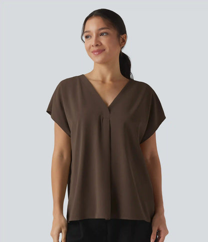 Wrinkle Recovery V-neck Short Sleeve Oversized Work Blouse