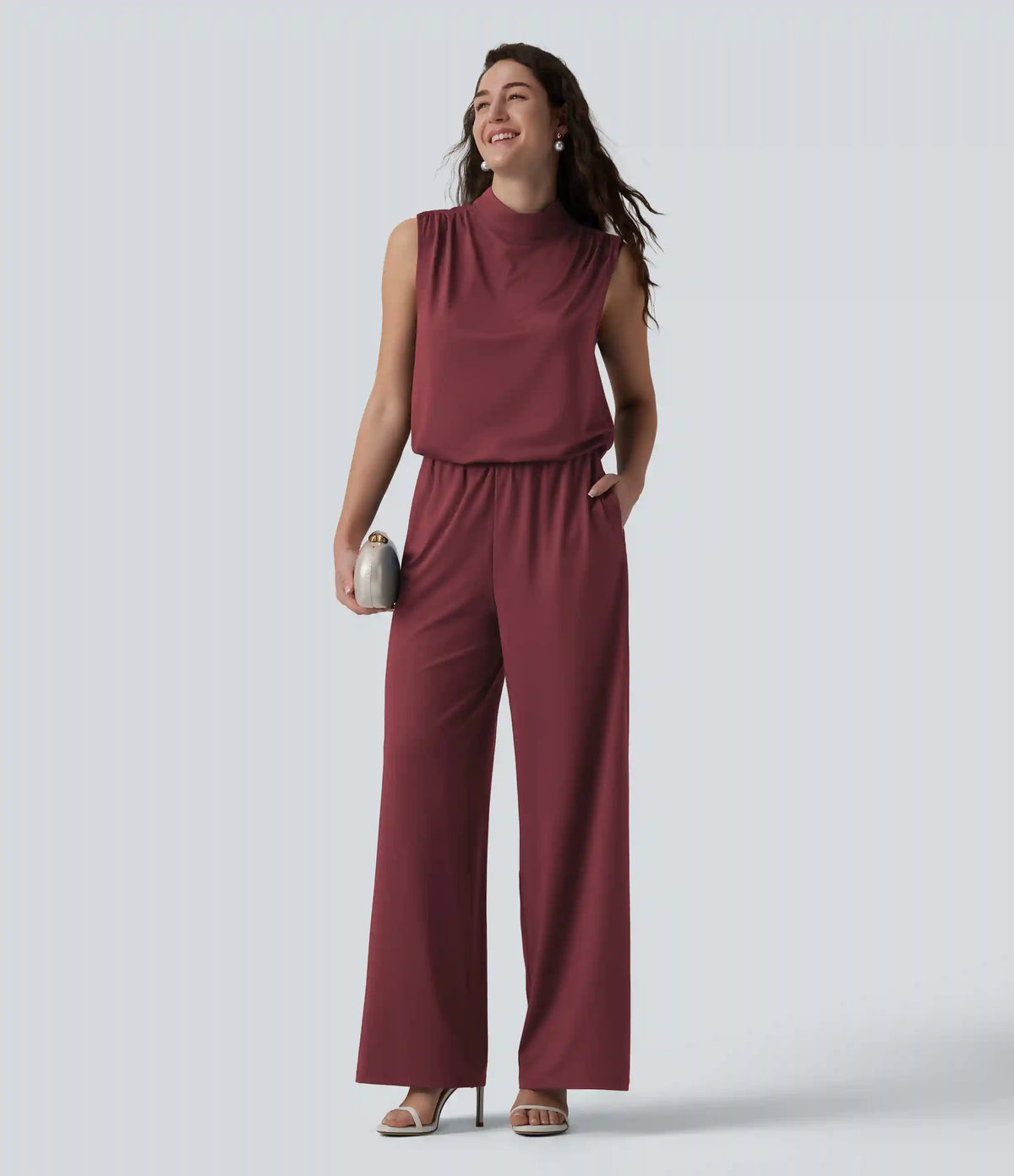 Stand Collar Sleeveless Straight Leg Bridesmaid And Wedding Guest Jumpsuit with Pockets-Easy Peezy
