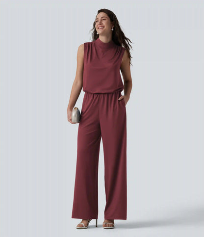 Stand Collar Sleeveless Straight Leg Bridesmaid And Wedding Guest Jumpsuit with Pockets-Easy Peezy