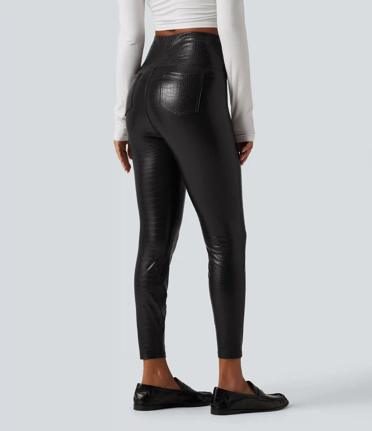 High Waisted Tummy Control Snakeskin Print Stretchy PU Fleece Skinny Casual Leggings with Pockets
