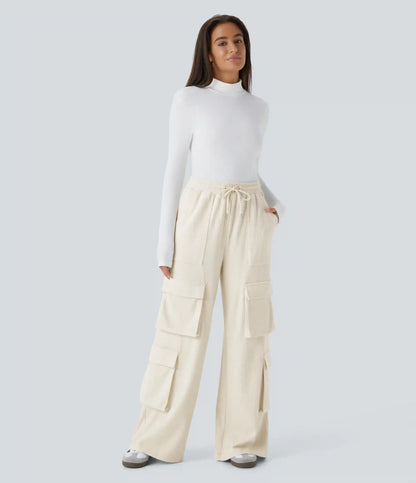 Ribbed Mid Rise Drawstring Pockets Wide Leg Cargo Casual Pants