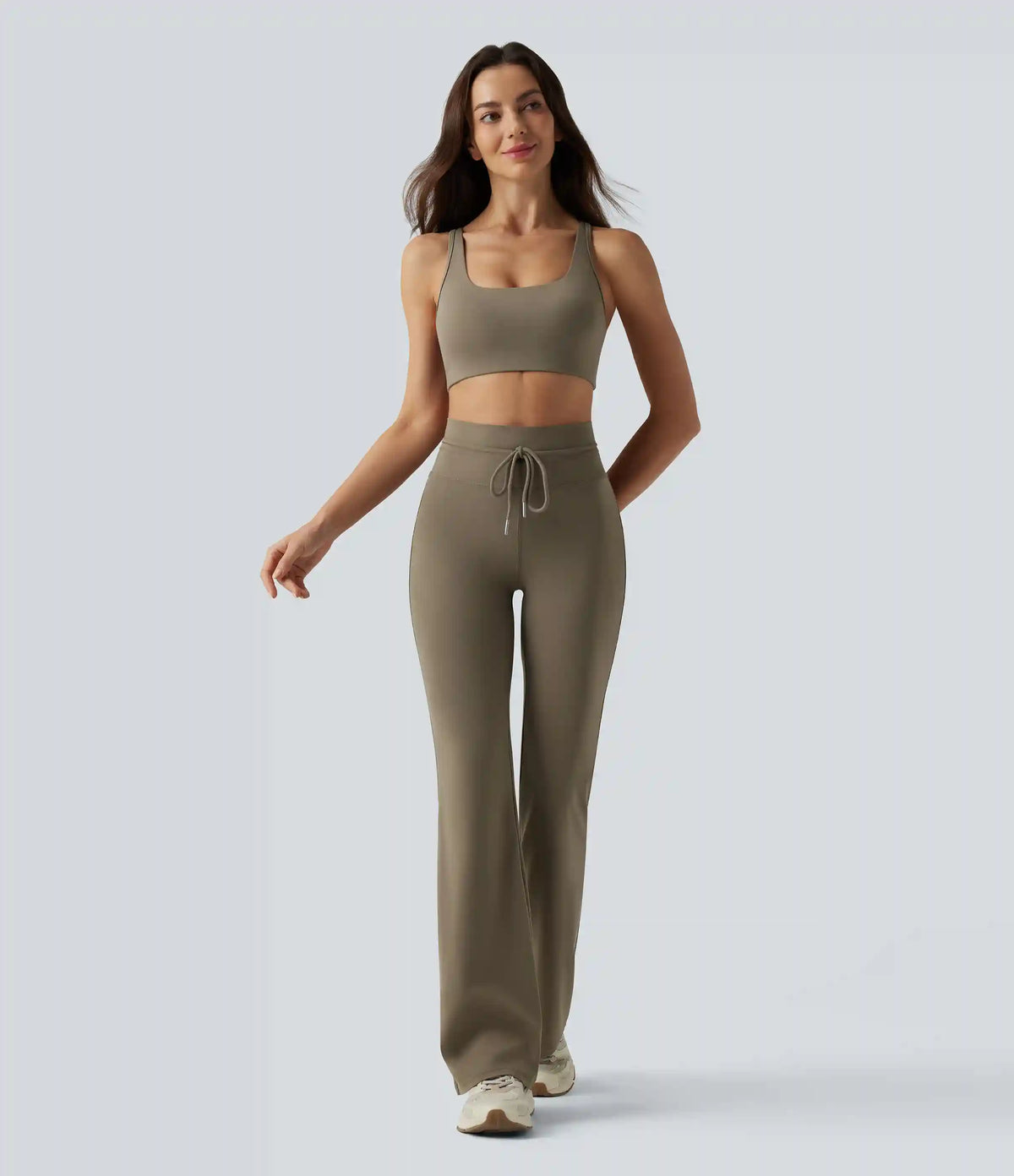 High Waisted Drawstring Plain Flare Yoga Pants with Pockets