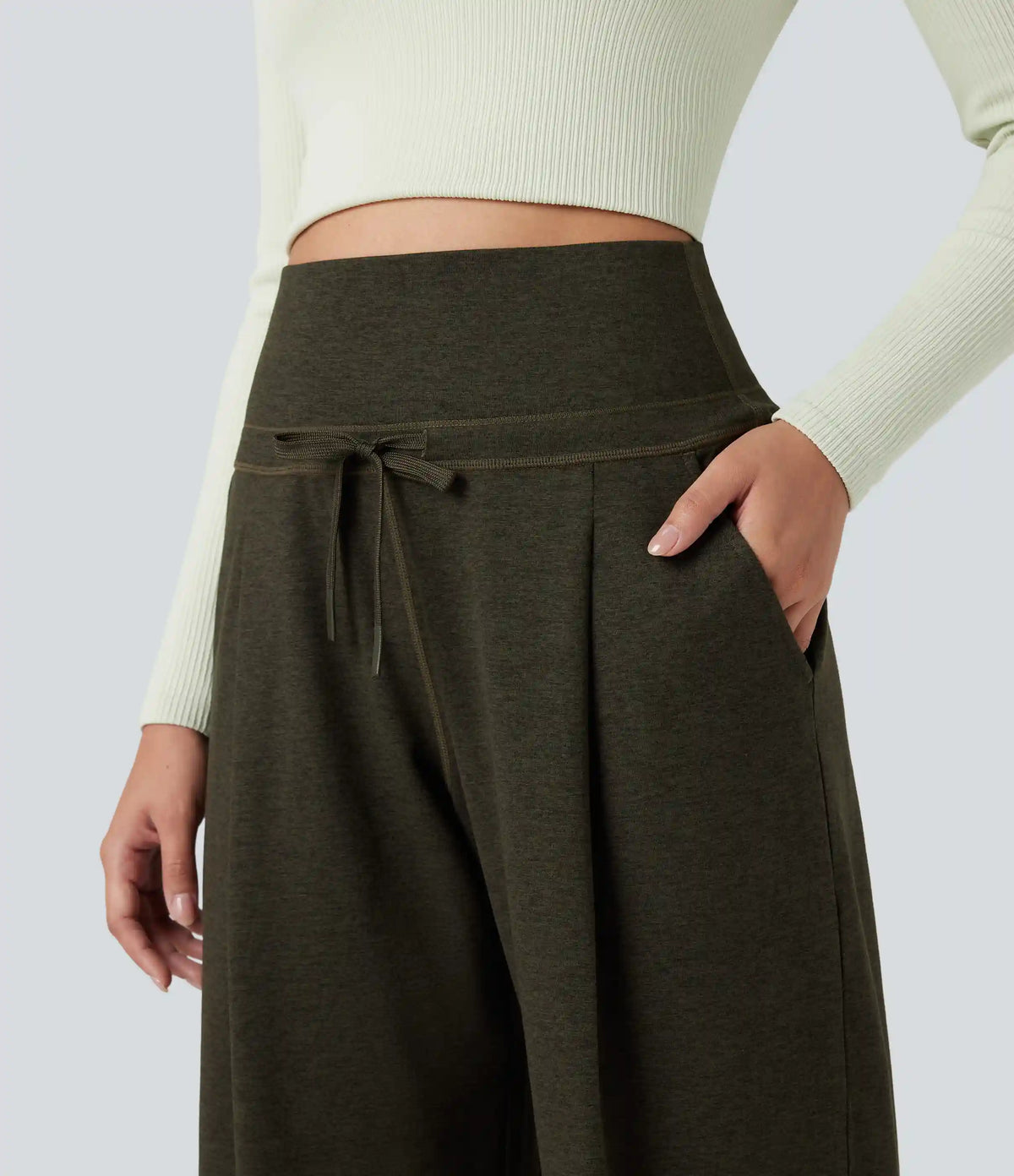 Foldover High Waisted Draswtring Quick Dry Heathered Casual Wide-leg Pants with Pockets