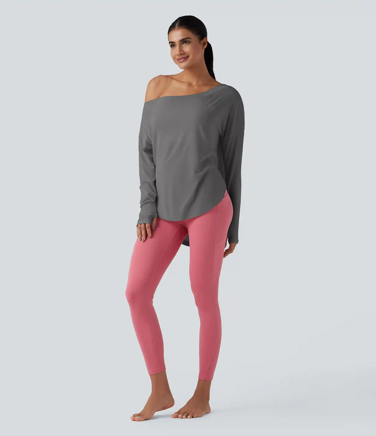 One Shoulder Long Sleeve Thumb Hole Curved Hem High Low Quick Dry Yoga Sports Top-Built-in Bra